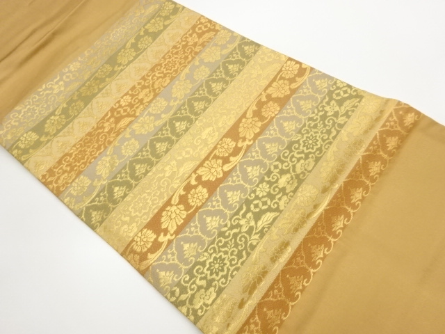 Nagoya obi woven with horizontal stripes and floral arabesque pattern